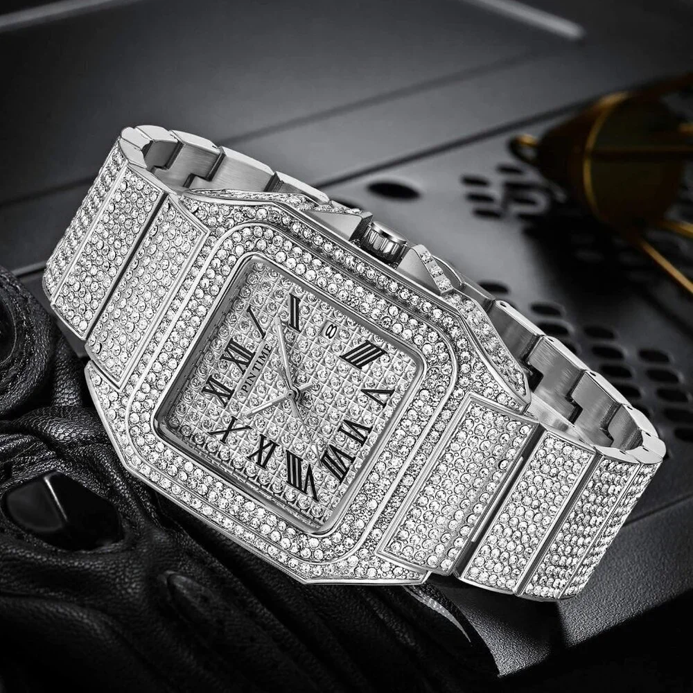 Men's Silver Crystal Bling Rectangle Case Stainless Steel Quartz Analog Watch